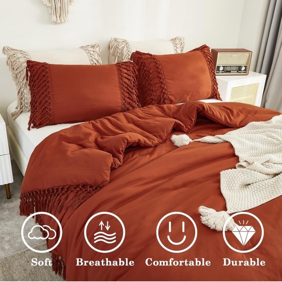 King size comforter set 3 pieces boho bohemian fringe tassel burnt orange queen - Picture 3 of 6